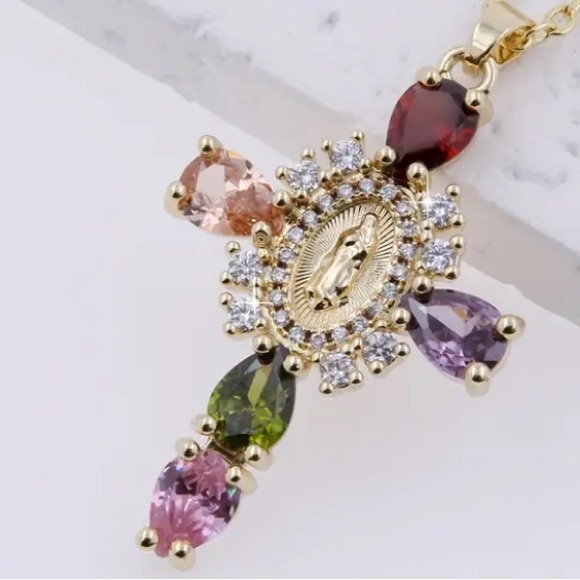 Virgin Mary Diamond Ruby Citrine Amethyst Peridot Pink Topaz Cross Necklace - Picture 2 of 2